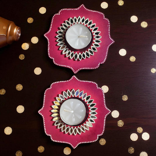 Wooden Mirror Work Tea Light Holder / Diya