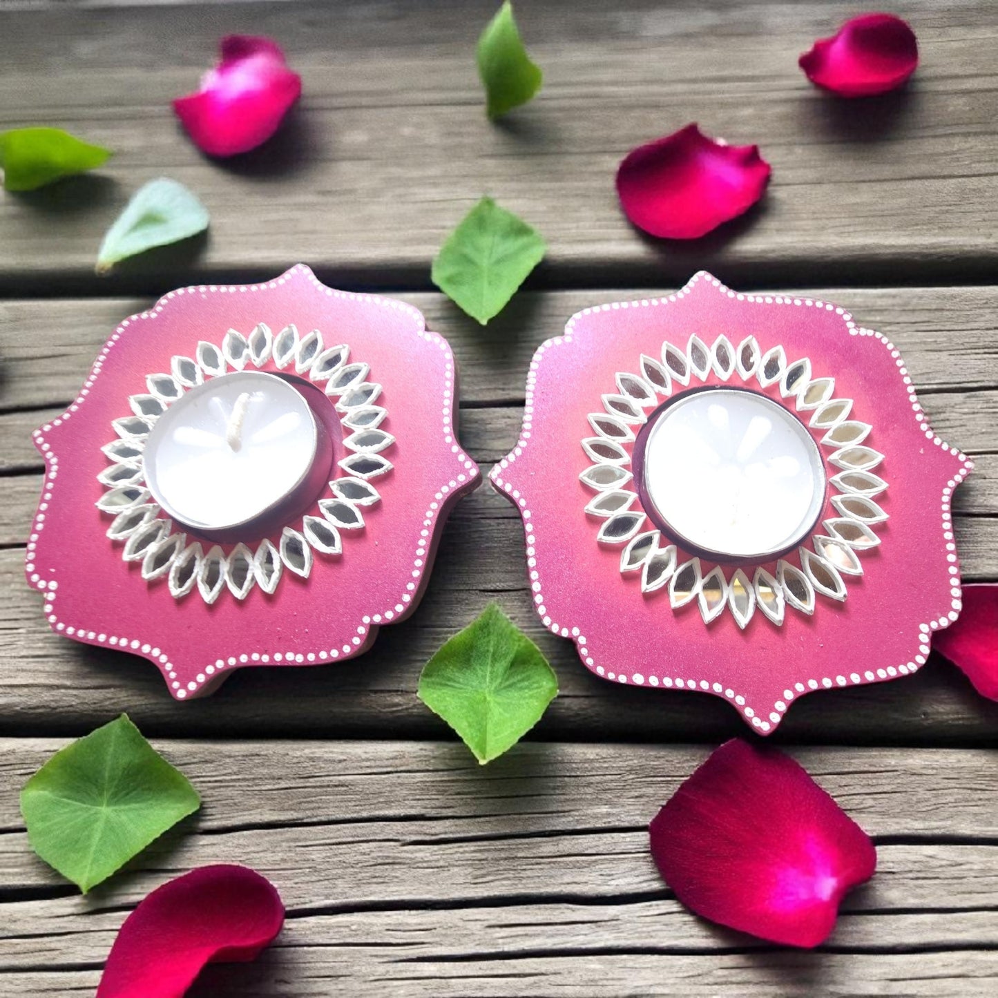Wooden Mirror Work Tea Light Holder / Diya