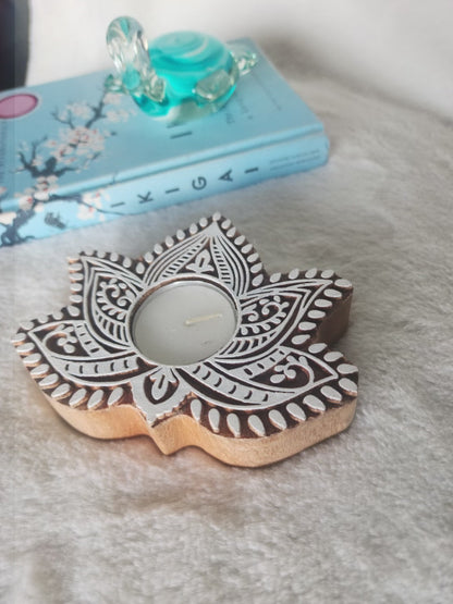 Lotus Shape Wooden Tea Light Holder Set of 2