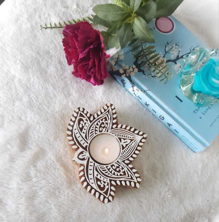 Lotus Shape Wooden Tea Light Holder Set of 2