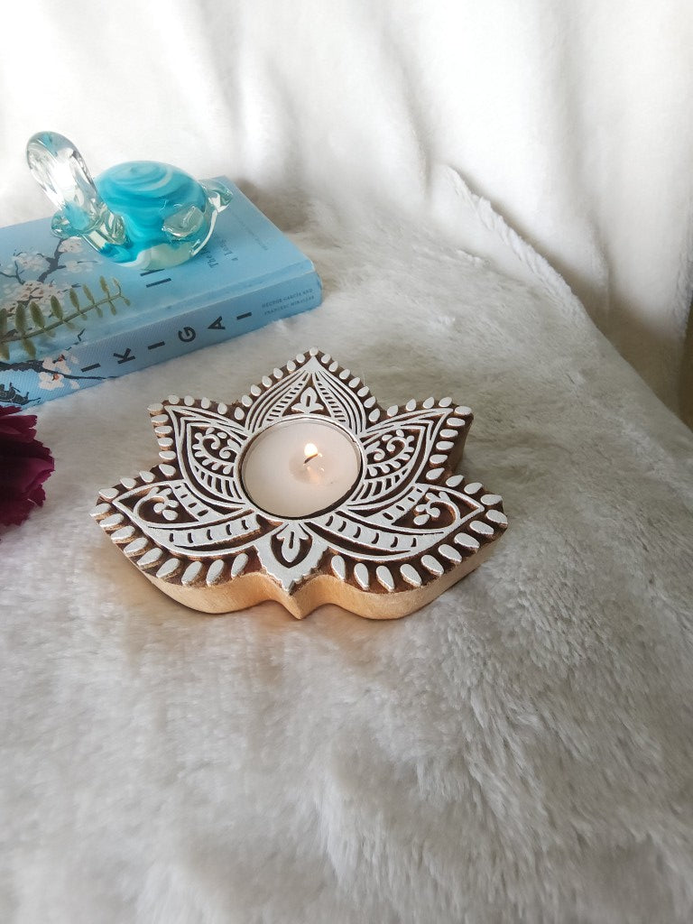 Lotus Shape Wooden Tea Light Holder Set of 2