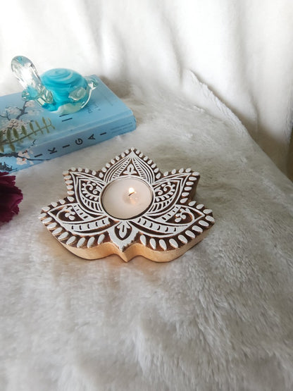 Lotus Shape Wooden Tea Light Holder Set of 2
