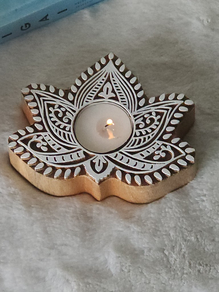 Lotus Shape Wooden Tea Light Holder Set of 2