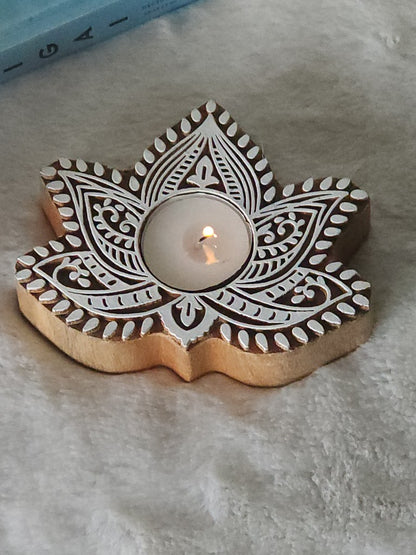 Lotus Shape Wooden Tea Light Holder Set of 2